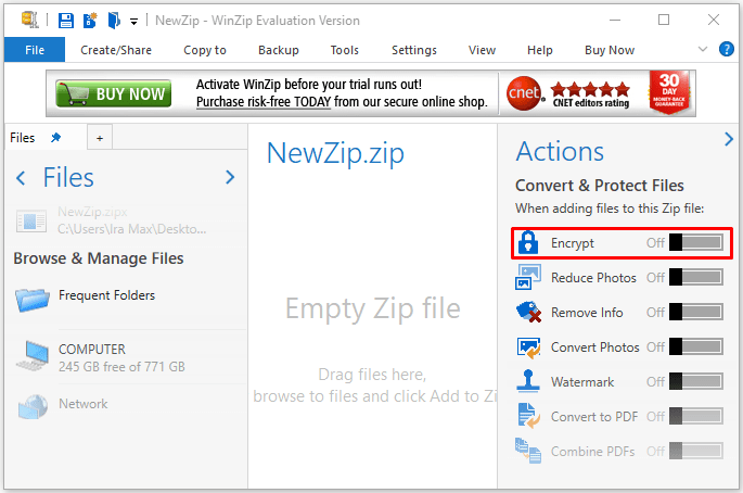 winzip action pane