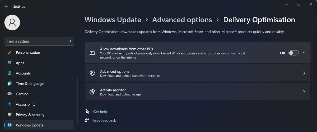 Delivery optimisation settings in Windows 11