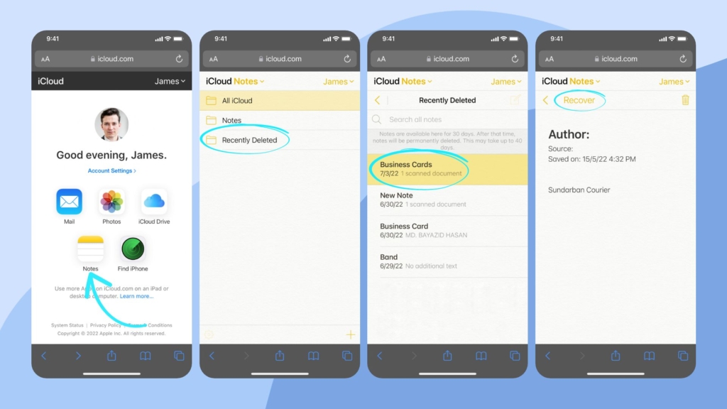 recover deleted Notes with icloud.com