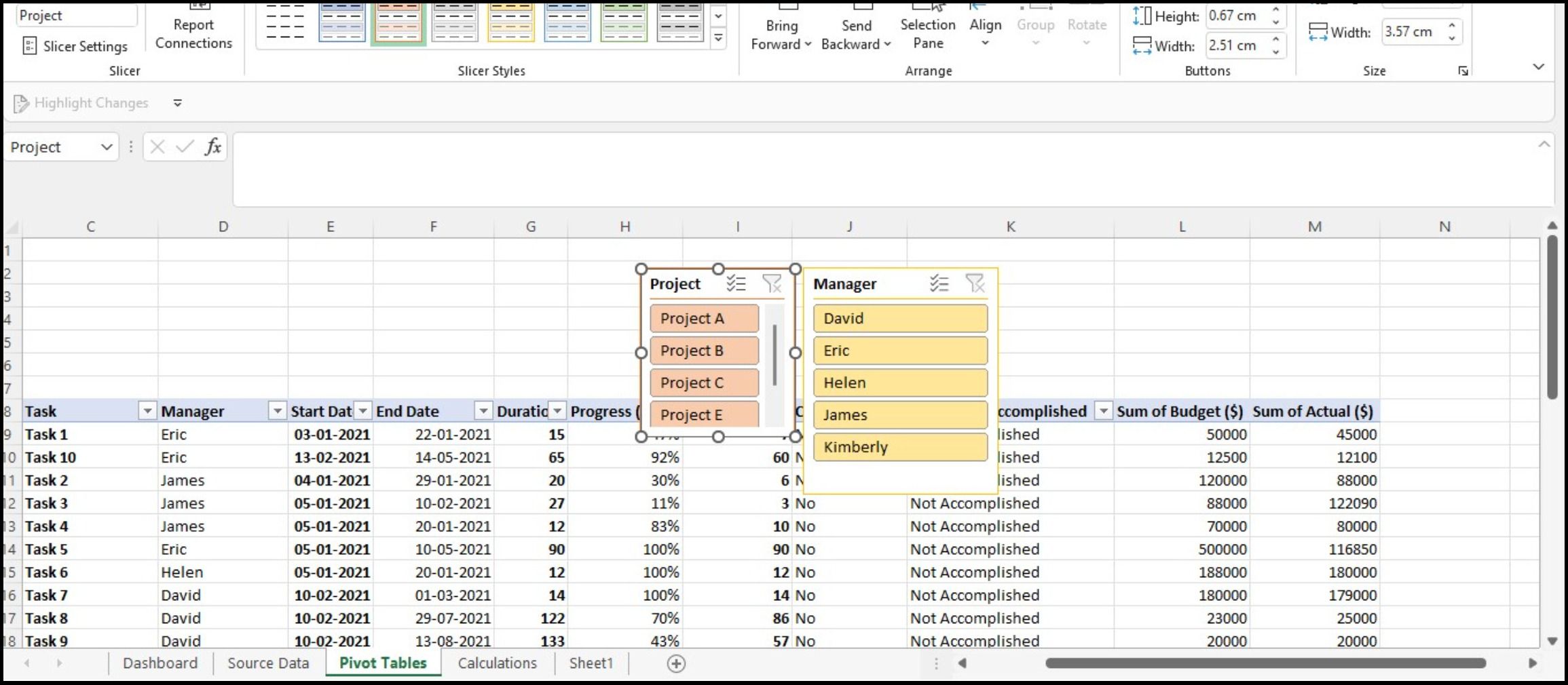 Inserting slicers in Excel