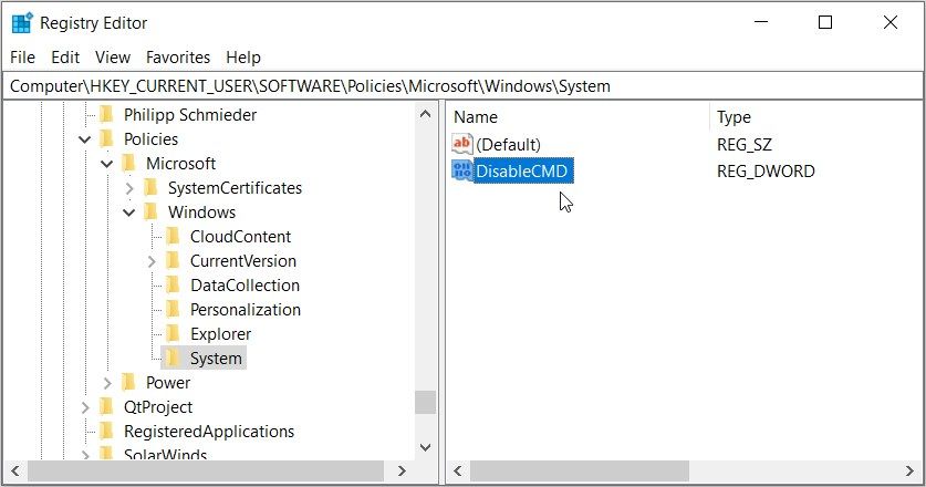 Clicking the “DisableCMD” value in the Registry Editor