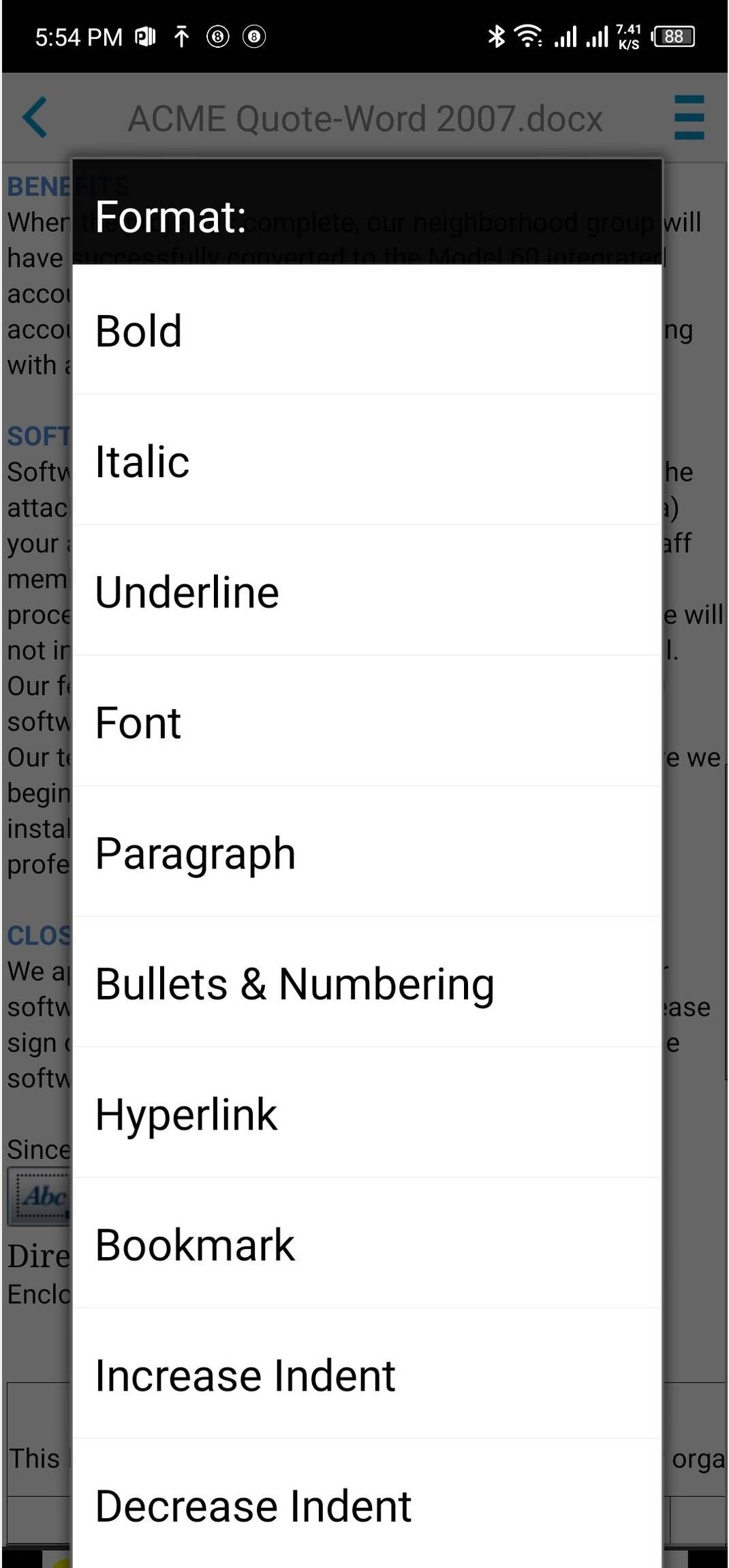A doc file opened in Docs to go office showing different formatting options