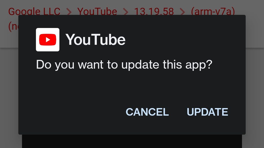 Confirmation dialog to update the YouTube app from an APK file