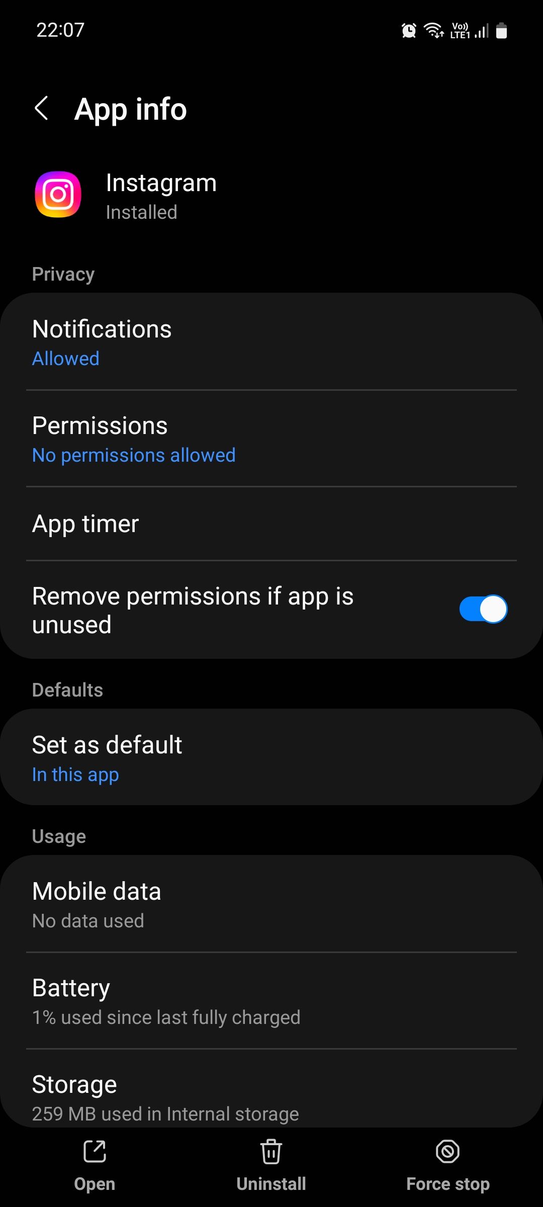 Instagram App info page