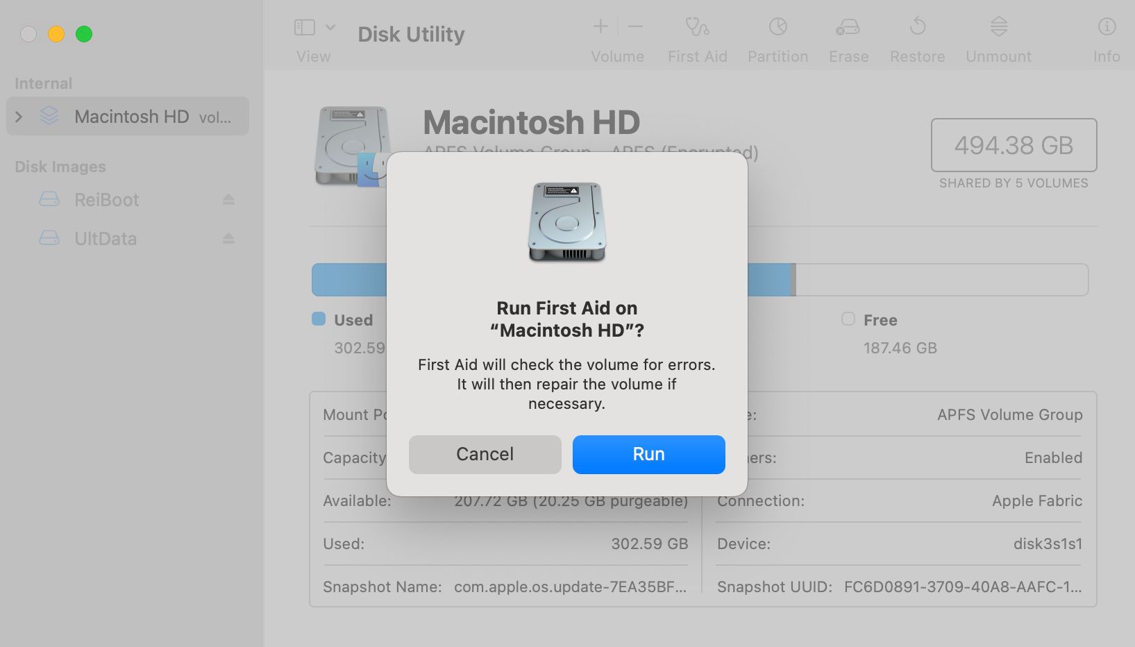 Run First Aid prompt in macOS Disk Utility