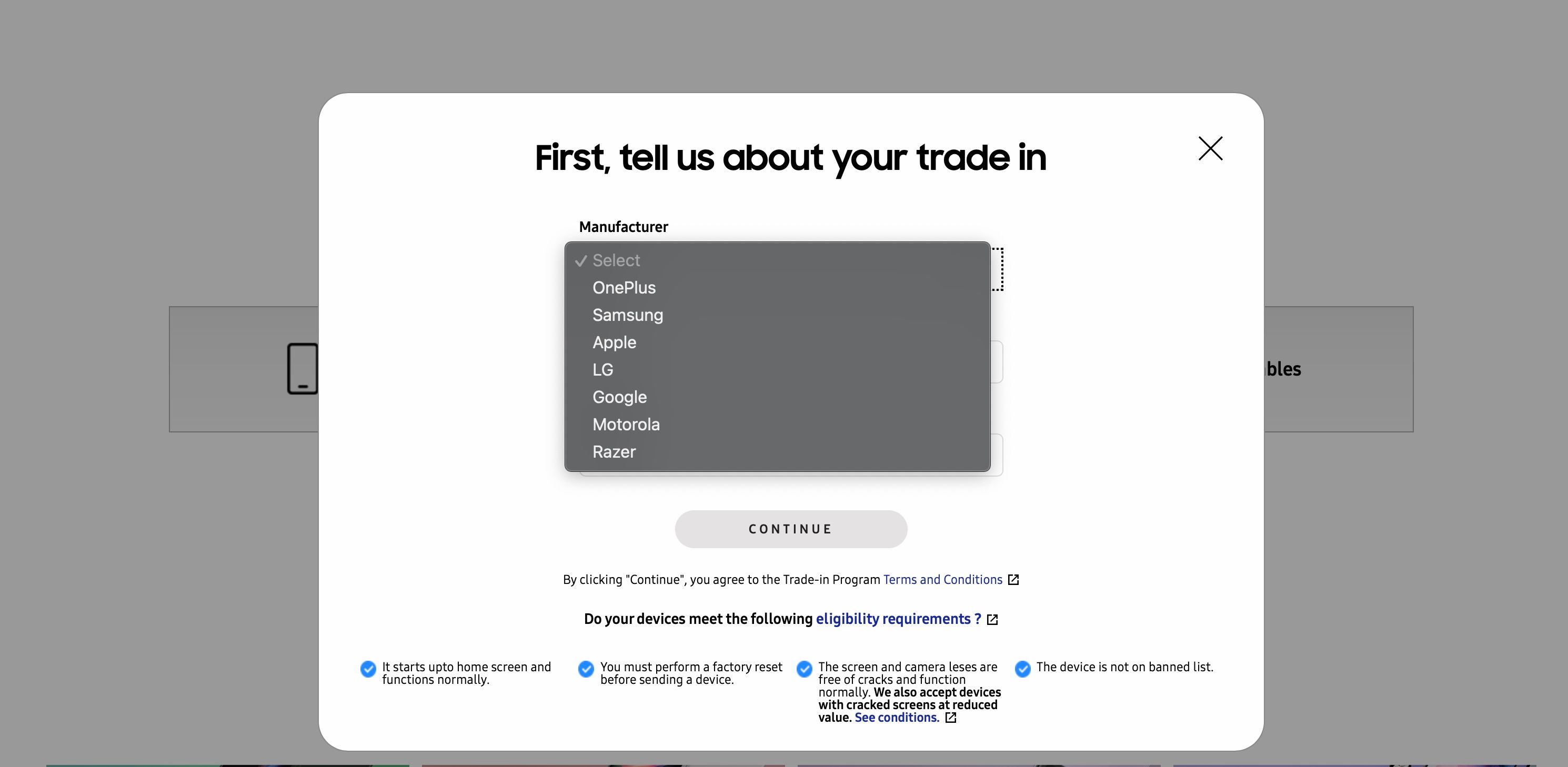 Smartphone list on Samsung\'s Trade-In page