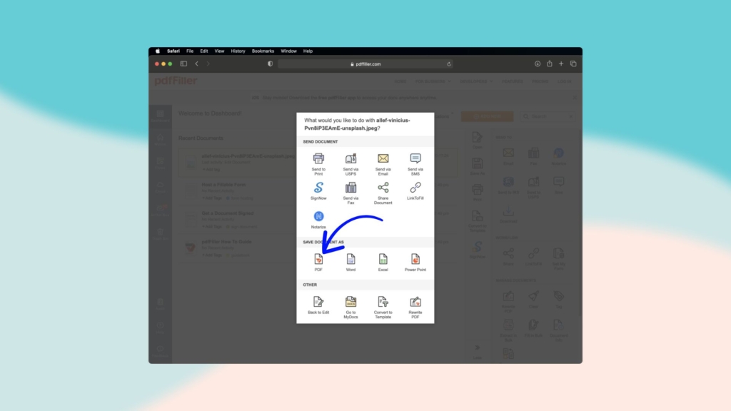 Turn a photo into a PDF on Mac using the online pdfFiller converter 02