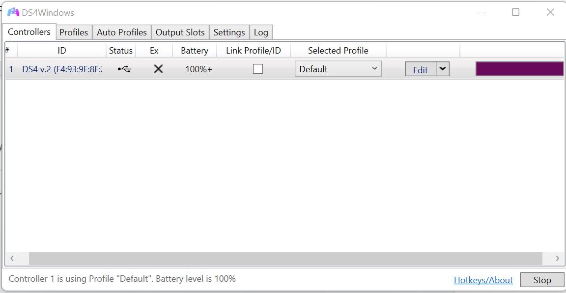 The Controllers tab of DS4Windows showing a connected PS4 controller