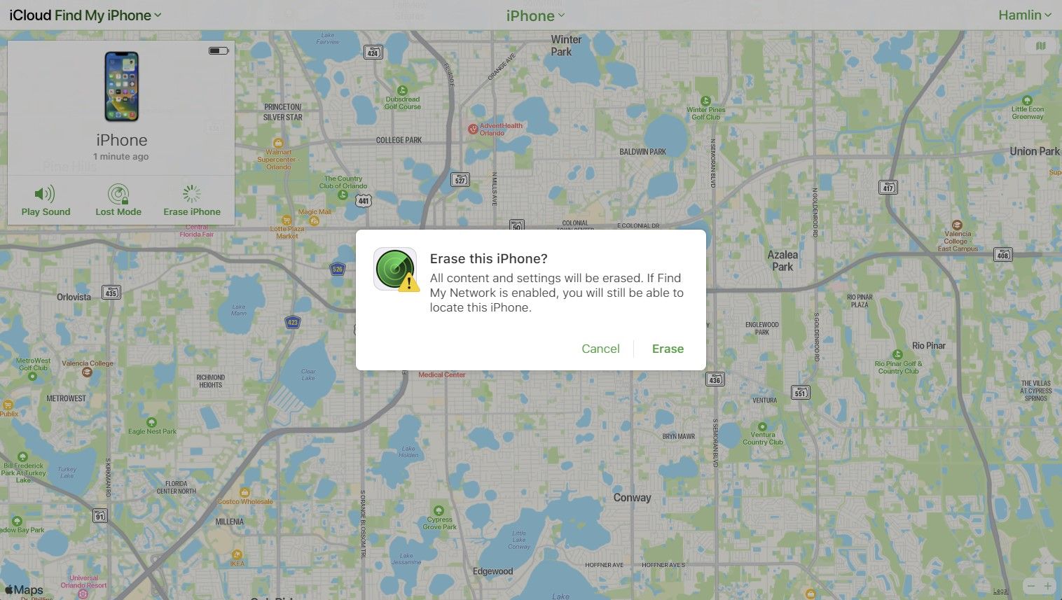 Erase iPhone on iCloud