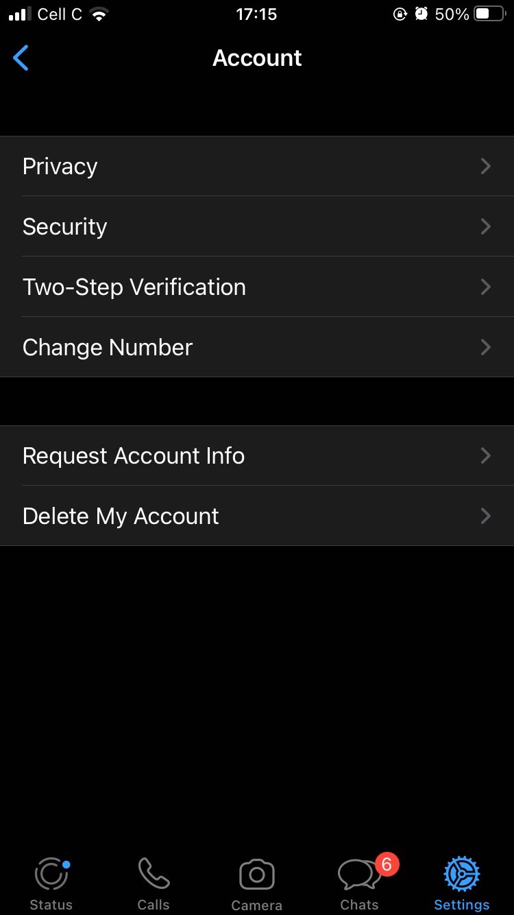 mobile screenshot showing account page on whatsapp