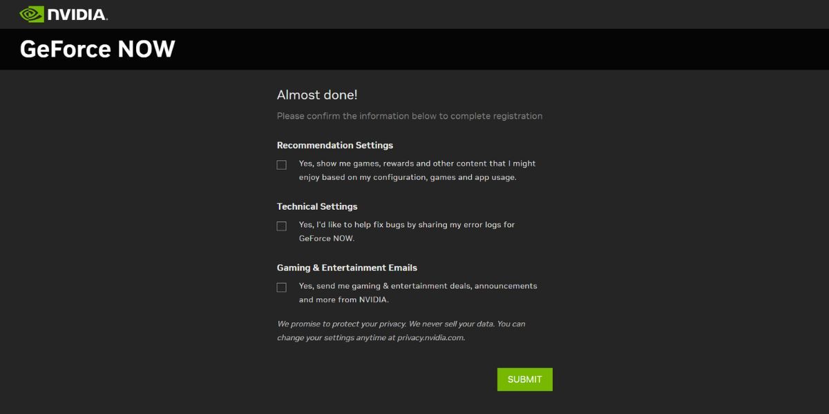 Complete profile setup Nvidia GeForce Now