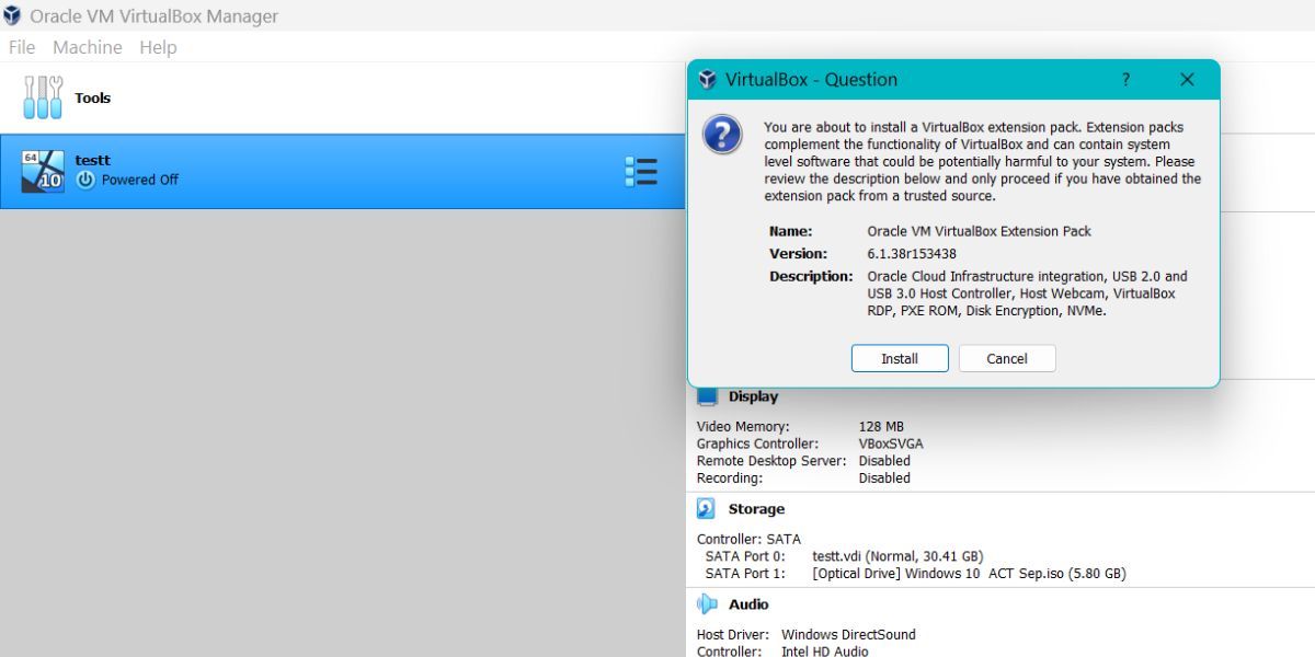 Installing VirtualBox Extension Pack 