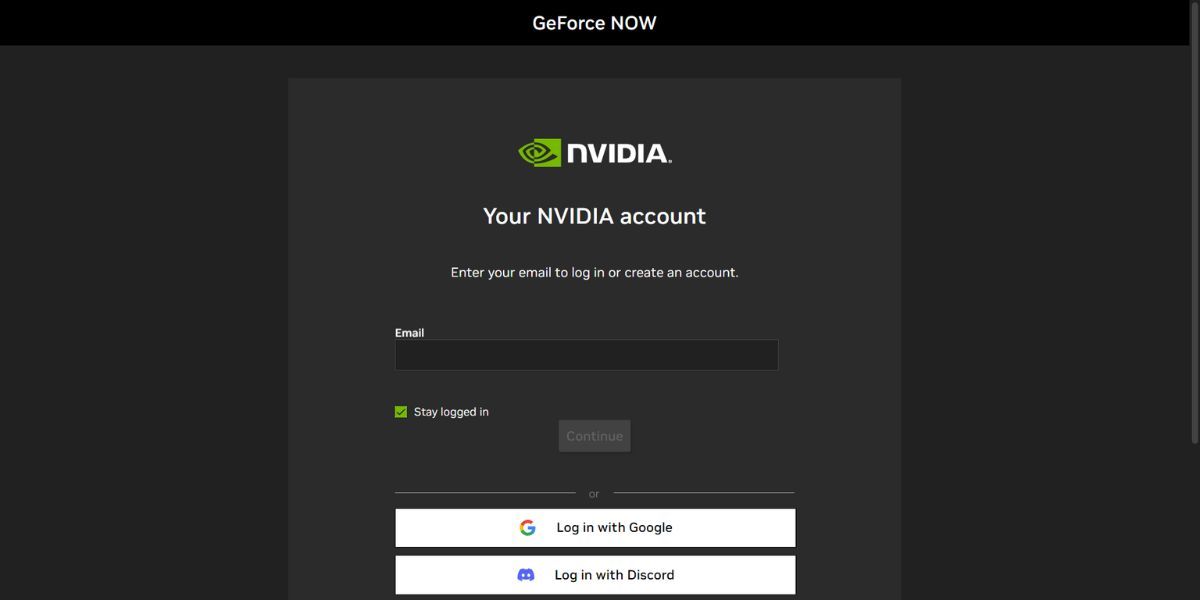 Nvidia GeForce Now login page