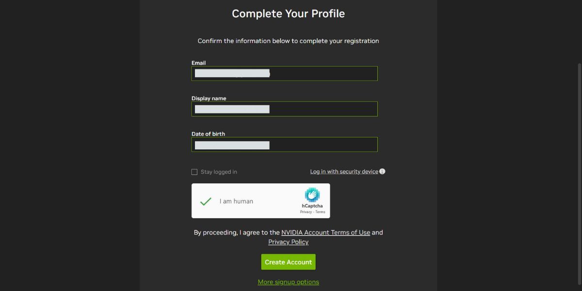 Nvidia GeForce Now profile setup page