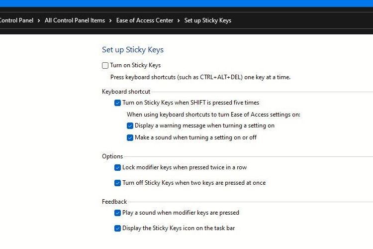 Options To Set Up Sticky Keys