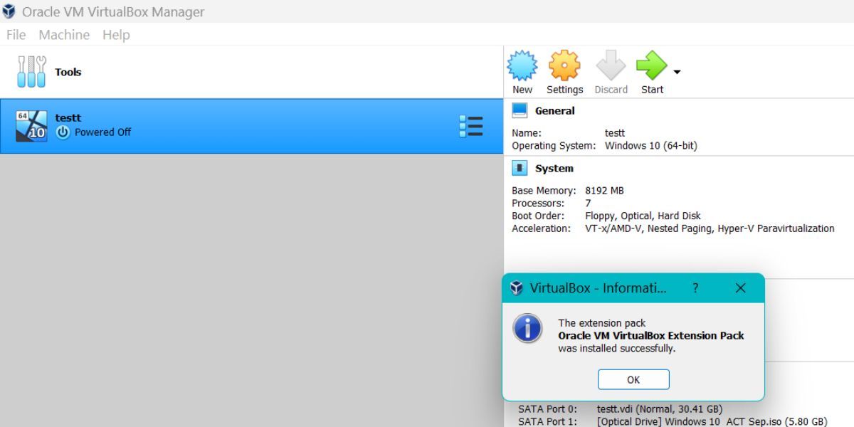 VirtualBox Extension Pack Install Succesful