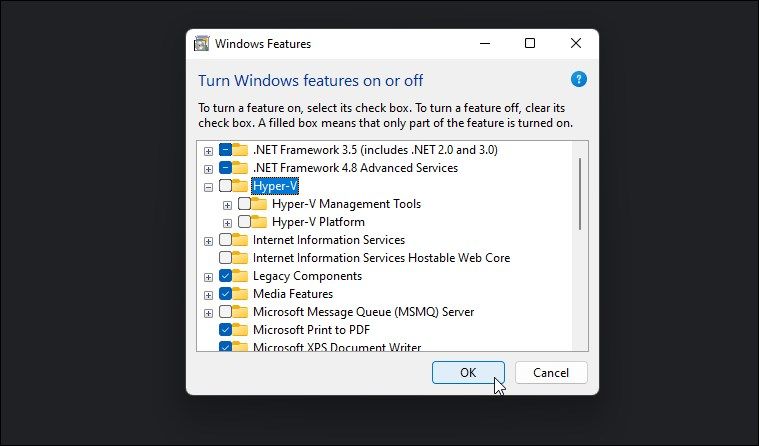 Windows features dialog disable hyper v