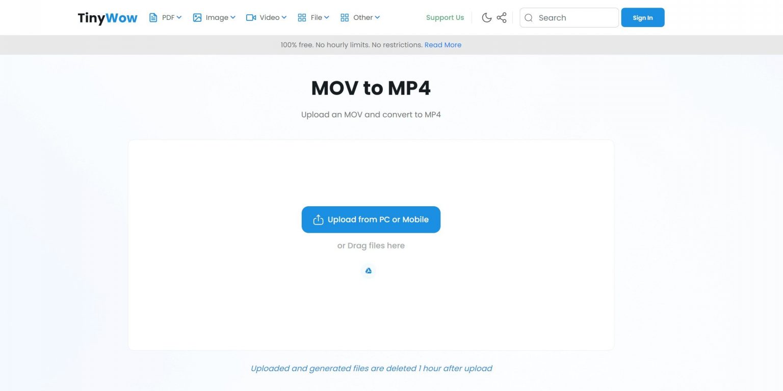 アップロード制限なしでMOVをMP4ファイルに変換するためにTinyWowを使用する