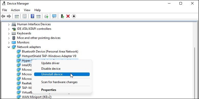 uninstall hyper v virtual adapter