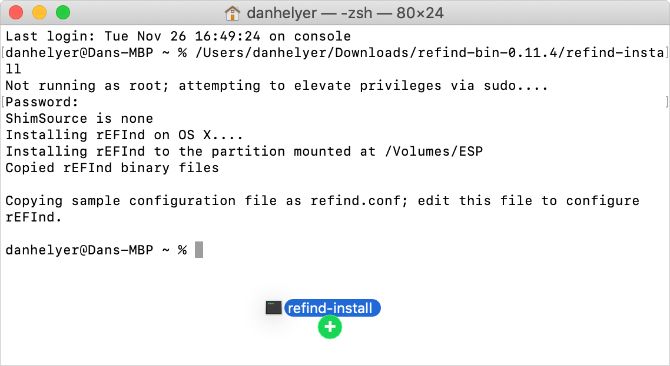 Dropping refind-install file into Terminal window, with the code that appears