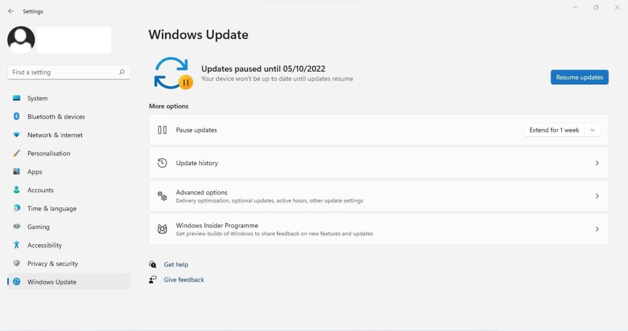Resuming Windows Update by Clicking on Resume Updates Button in Windows Settings App