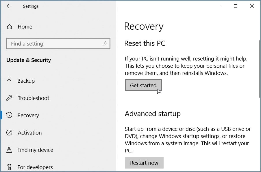 Resetting a Windows computer