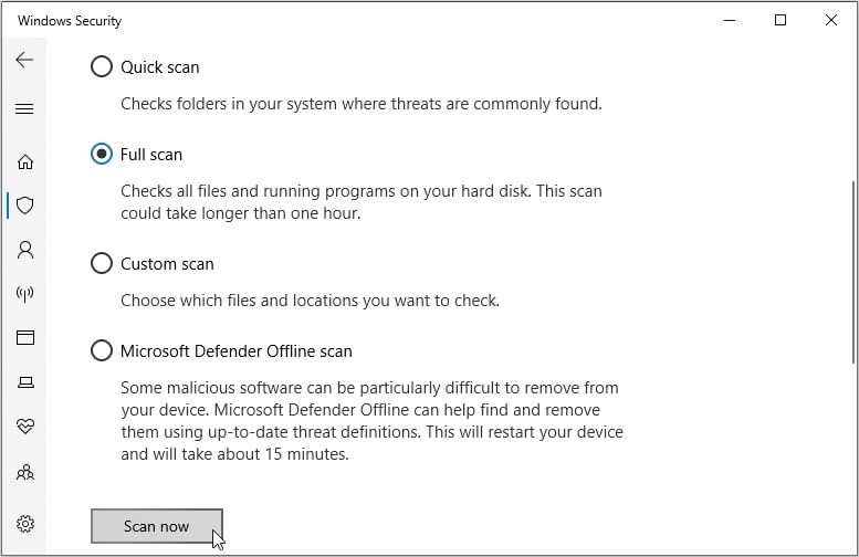 Scanning a PC with the Windows Security tool