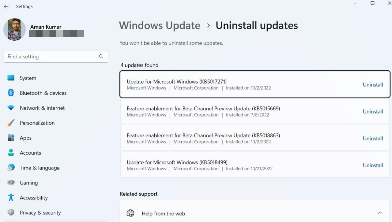 Uninstall Updates option in the Settings menus