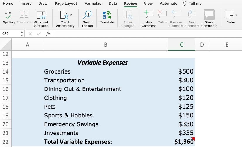 Screenshot of variable expenses