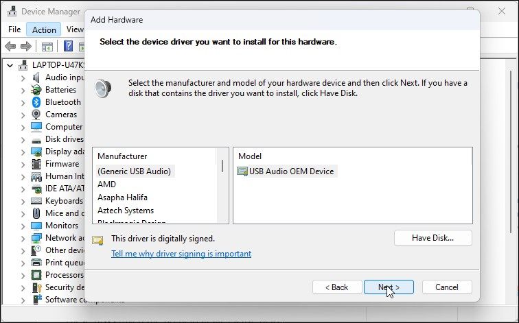 device manager generic usb device audio legacy hardware add