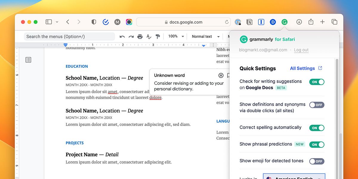 Grammarly extension for Safari