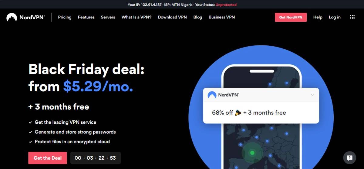 screenshot of nordvpn homepage