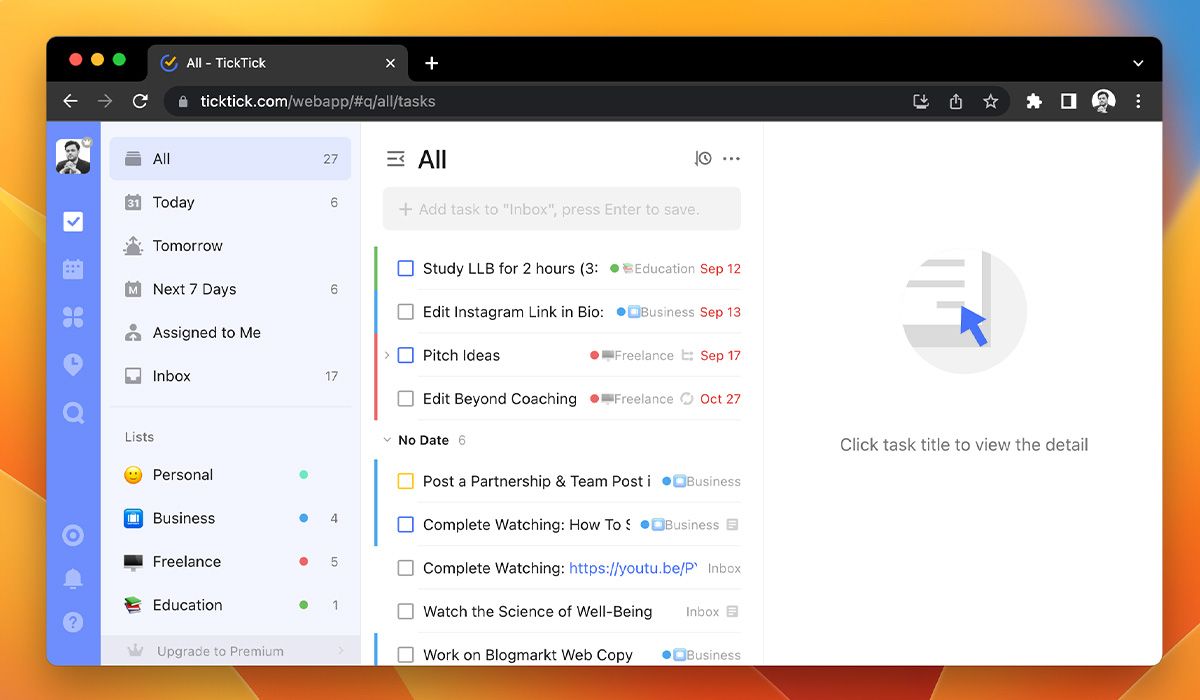 TickTick app for Mac web version