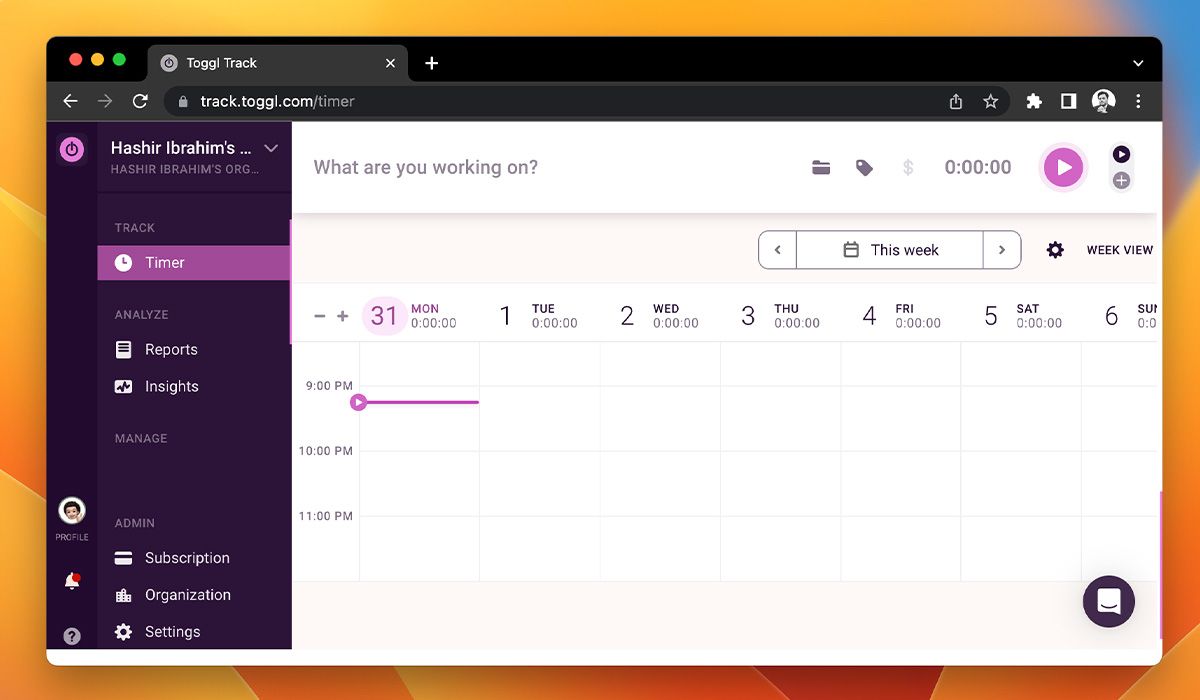 Toggl Track app for Mac web version