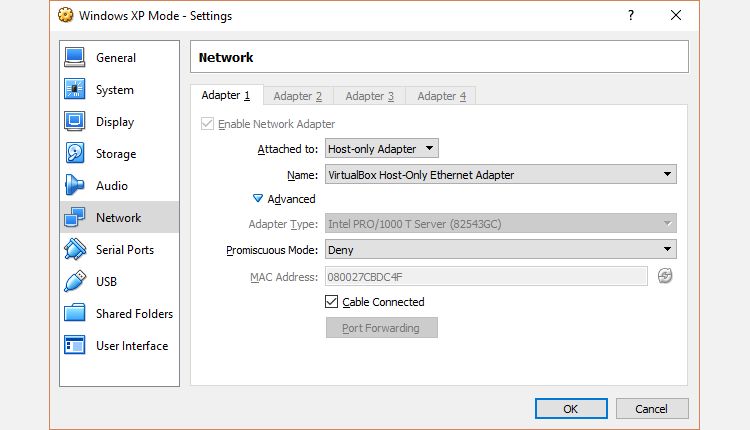 windows xp mode network settings