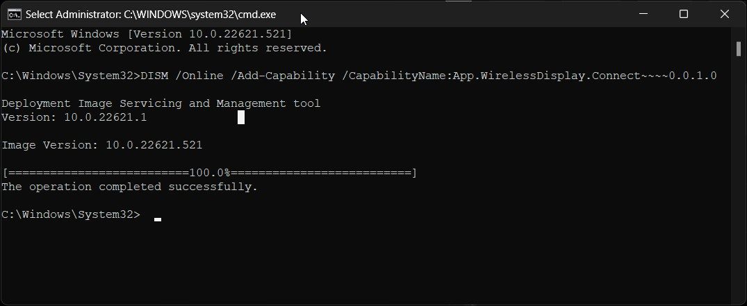 wireless display install command prompt successful