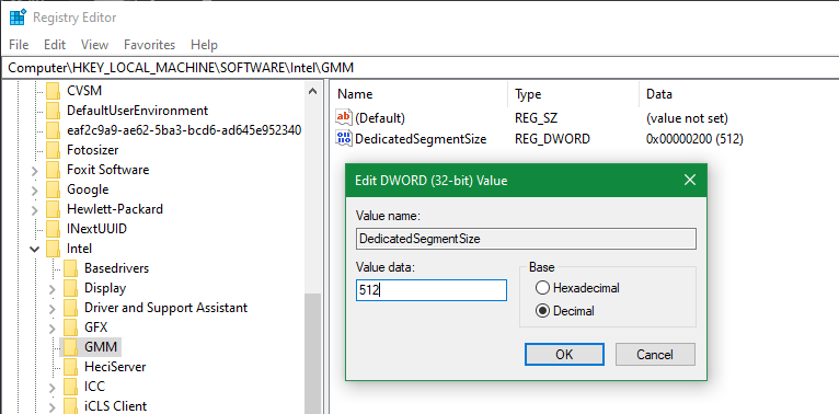 Registry Intel Edit VRAM Value