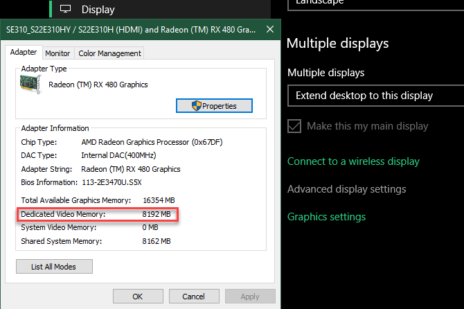 Windows 10 Video RAM Information