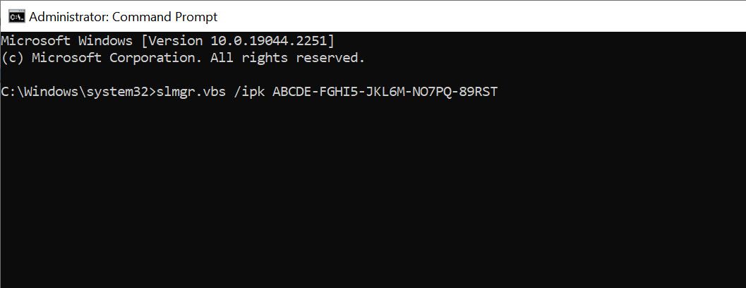 command prompt window with command to activate product key