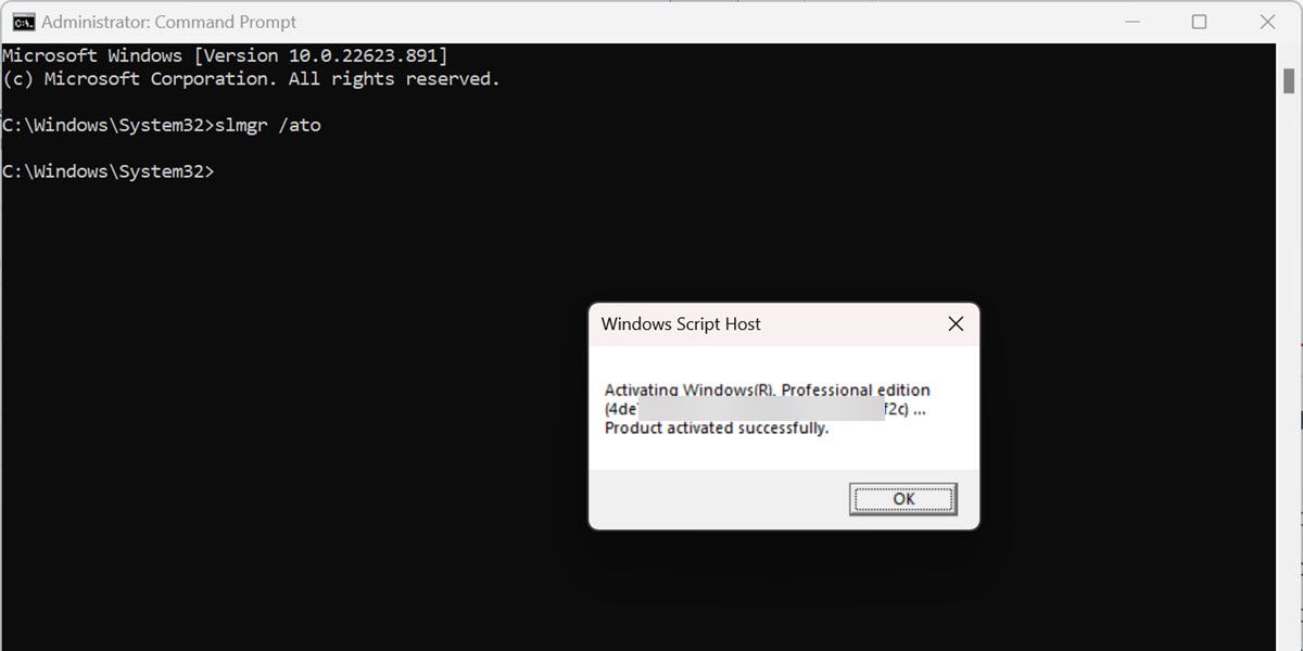 a command prompt window with a confirmation window of product key activated successfully