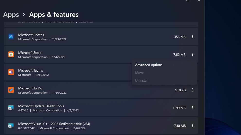 The Advanced options menu option