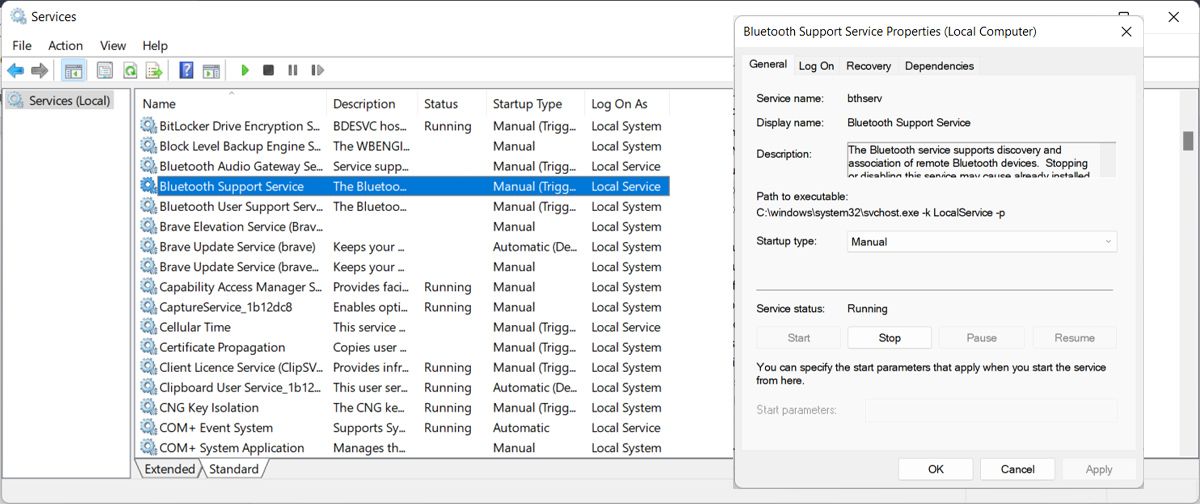 Bluetooth service settings