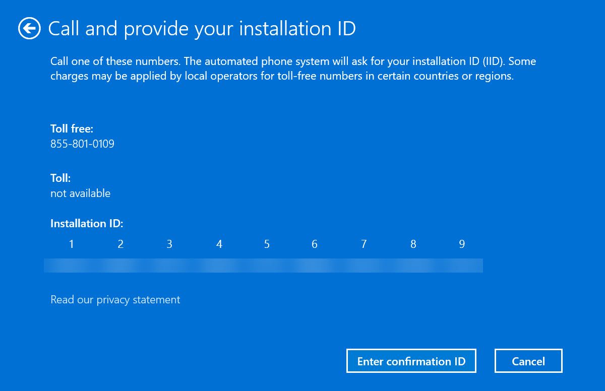 windows activation asking to call and provide installation ID