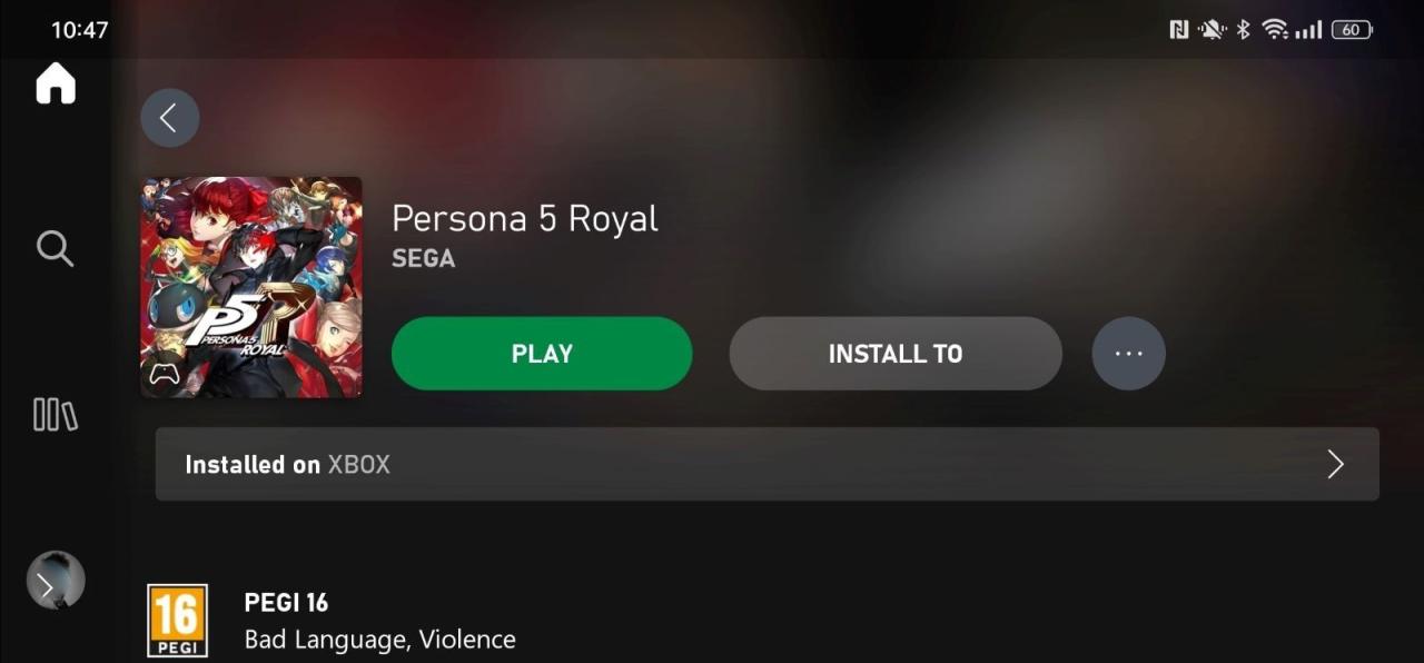 A screenshot of Persona 5 Royal in the Xbox Game Pass service with Play highlighted 