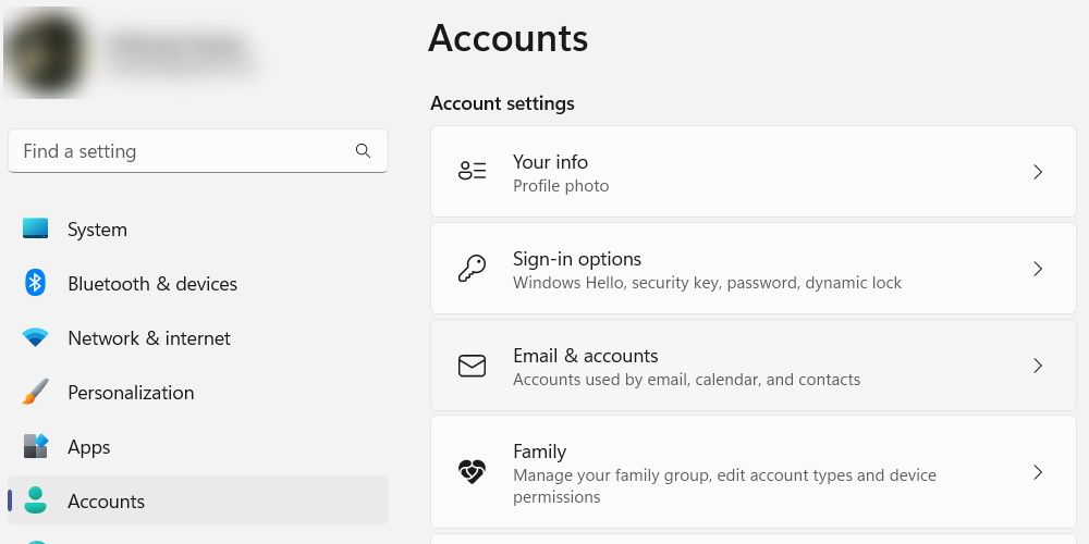 the Accounts settings page in the Settings app on Windows 11