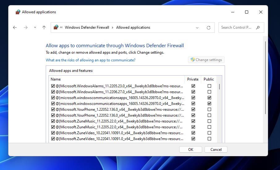 The allow app list for Windows Defender Firewall 