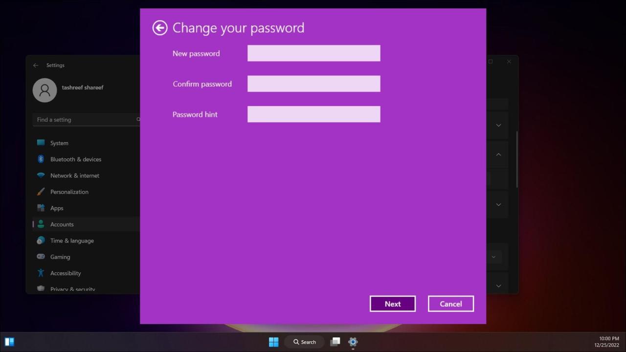 change user account password settings new password