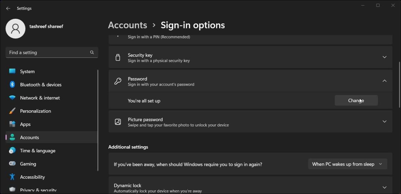 change user account password settings