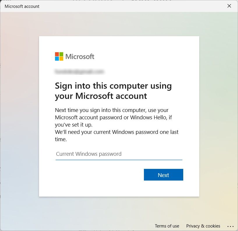 entering current Windows password when signing in to Microsoft account on Windows 11