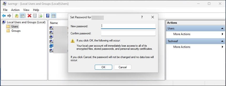 local users and groups set password new password